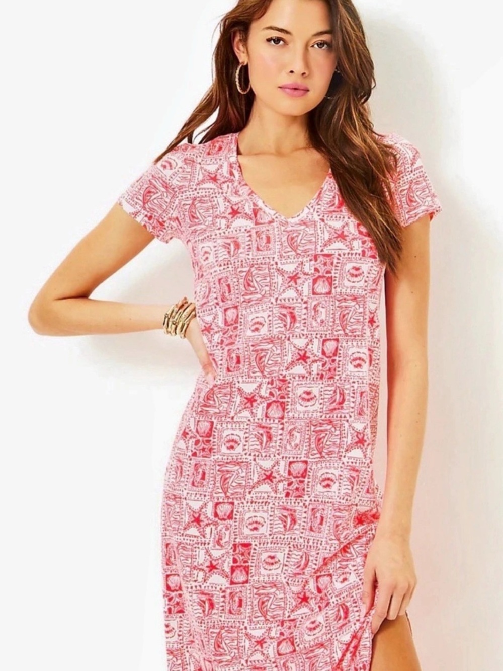 Lilly Pulitzer Etta Short Sleeve Maxi Dress Pink & White L NWT